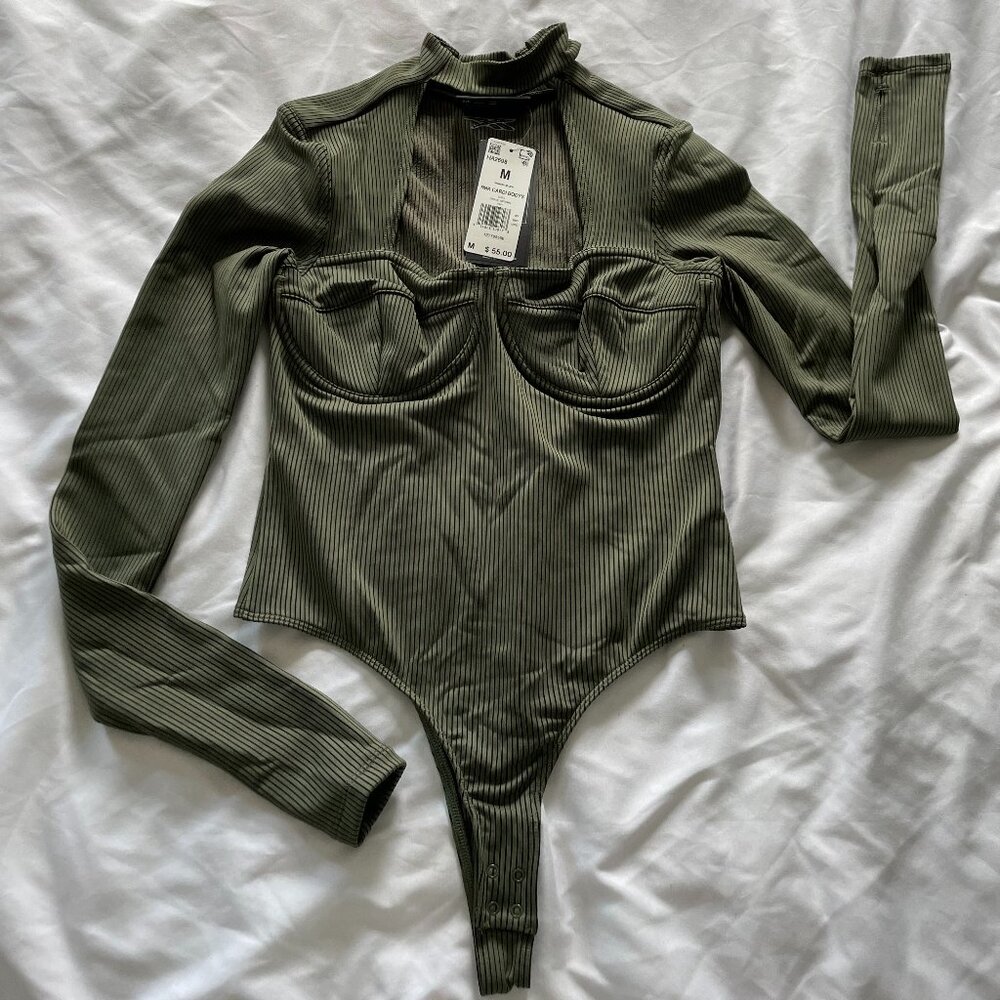 NWT Reebok x Cardi B Thong Bodysuit Ribbed Long Sleeve Olive Green Womens M